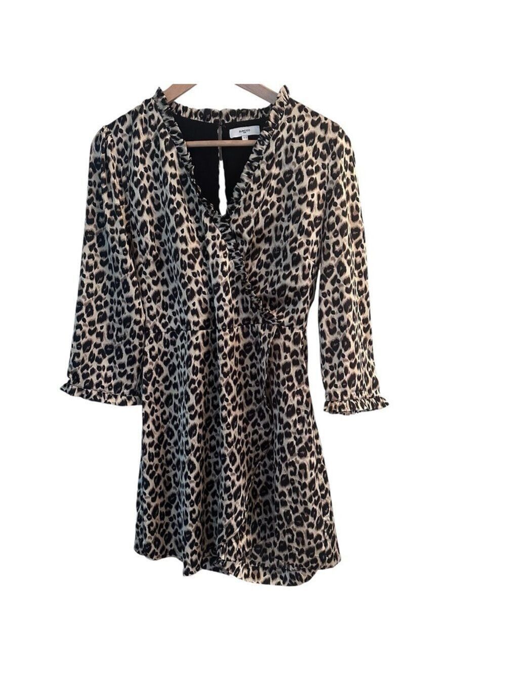 SUNCOO PARIS LEOPARD PRINT 3/4 SLEEVE V/NECK ROMPER RUFFLED COLLAR & CUFF  SZ S